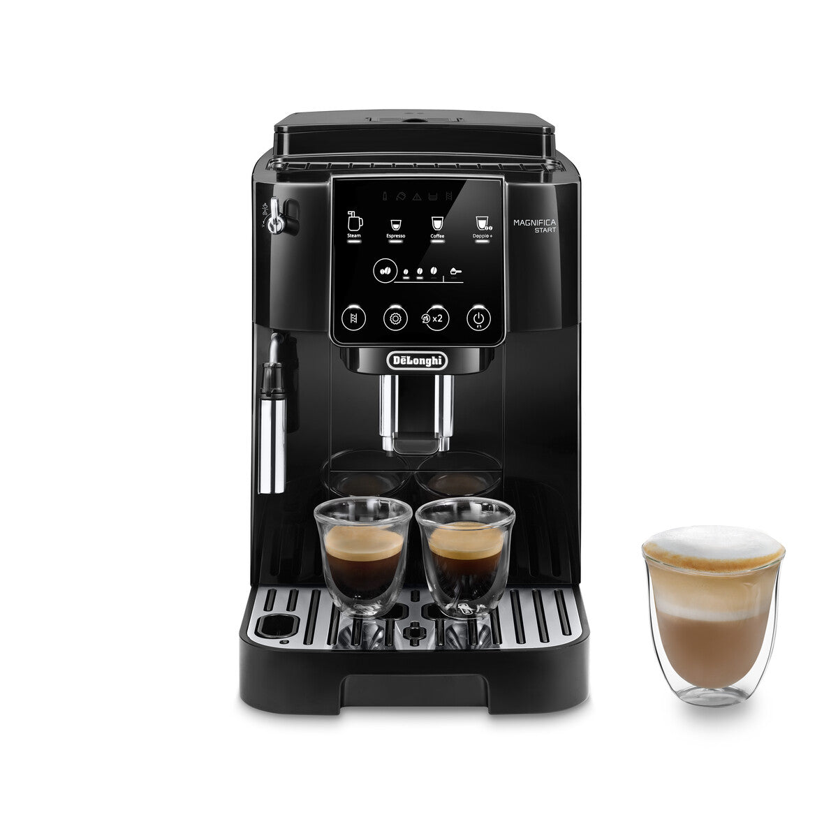 Machine automatique espresso Delonghi Magnifica Start posée avec deux cafés et un capuccino